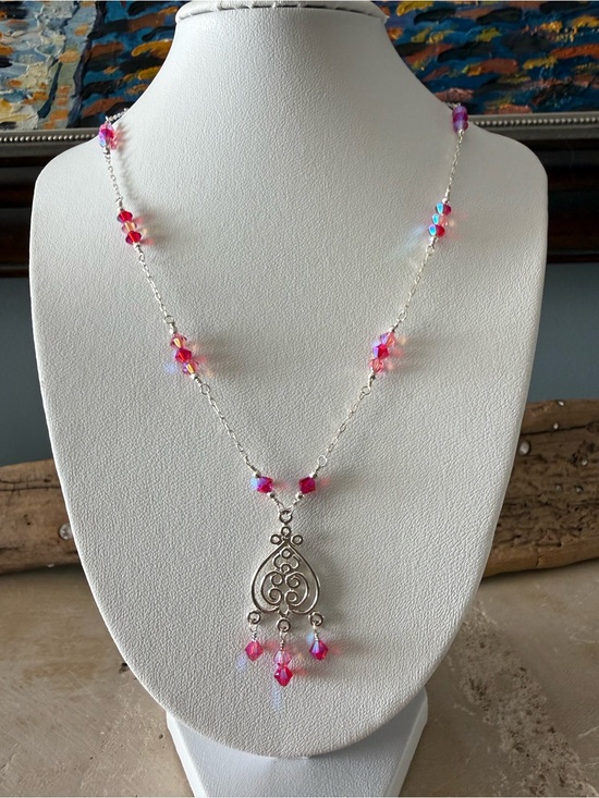 Momo Jewelry - Handmade Sterling Silver Filigree Necklace with Pink Swarovski Crystals